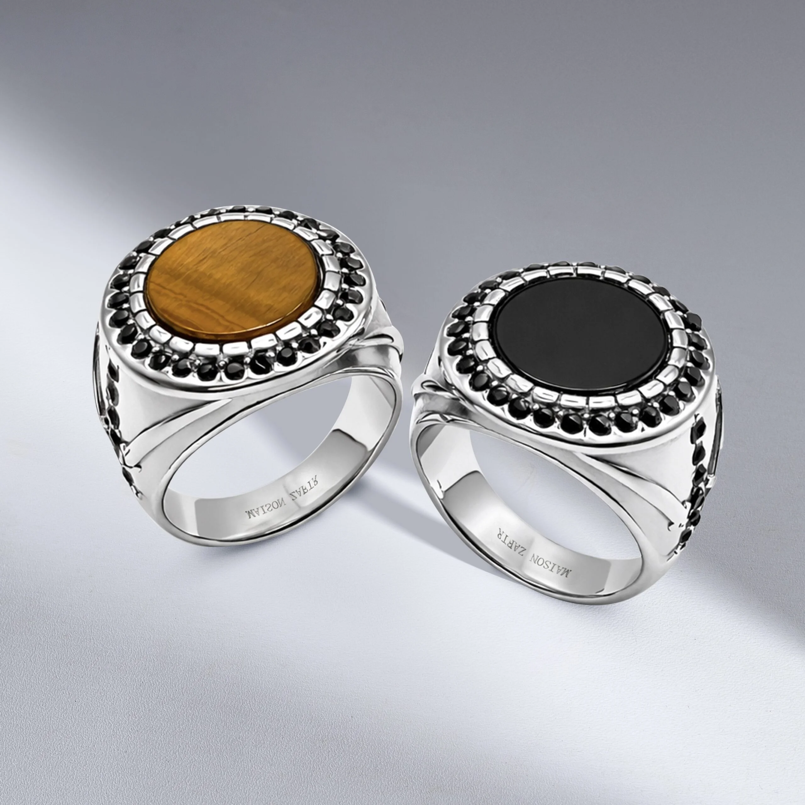 Chevalières homme acier 316L oeil de tigre et agate noire ORIGIN 01 Maison ZAFIR